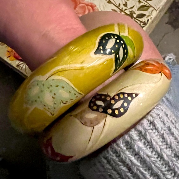 hand painted Jewelry - Two hand painted flower wooden bangle bracelets